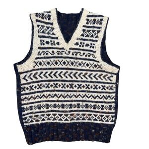 Unisex Handmade Fair Isle V Neck Sweater Vest‎ Navy Blue Tan Knit Sleeveless